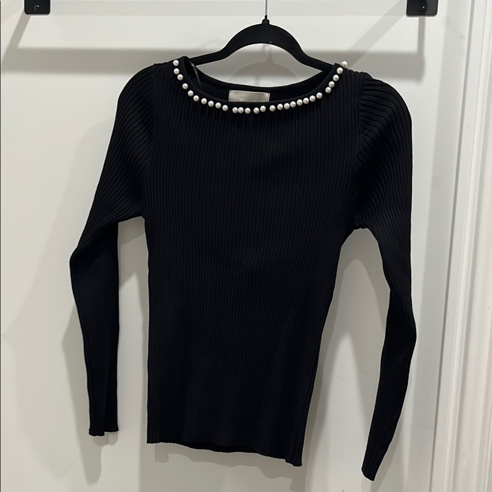 Black Ribbed Sweater with Pearl Accents